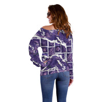 Hawaii Japanese Culture Purple Off Shoulder Sweater Spring Cranes Aloha Pattern