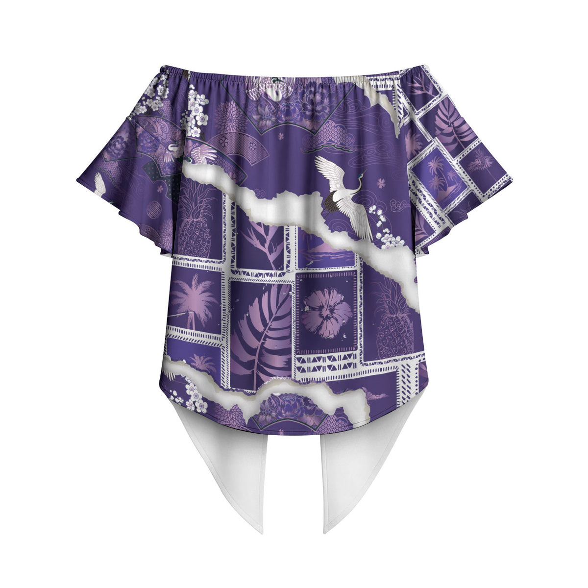 Hawaii Japanese Culture Purple Off Shoulder Wrap Waist Top Spring Cranes Aloha Pattern LT01 - Polynesian Pride
