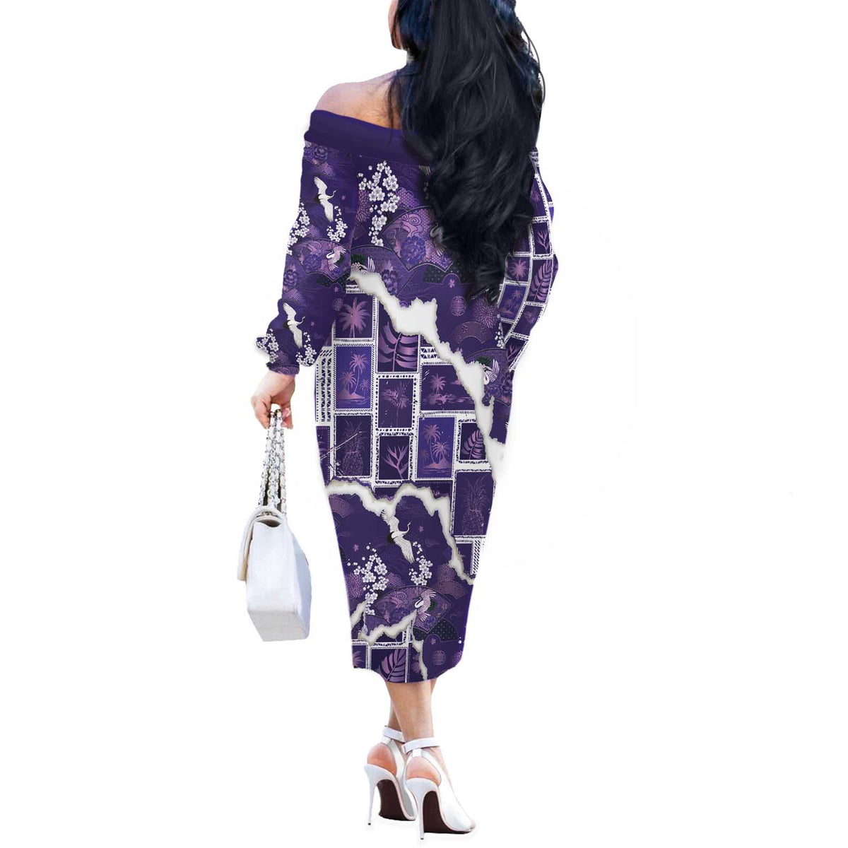 Hawaii Japanese Culture Purple Off The Shoulder Long Sleeve Dress Spring Cranes Aloha Pattern