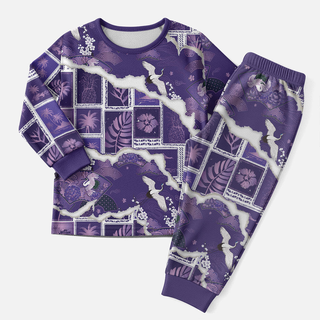 Hawaii Japanese Culture Purple Christmas Pajama Set Spring Cranes Aloha Pattern LT01 Men Purple - Polynesian Pride