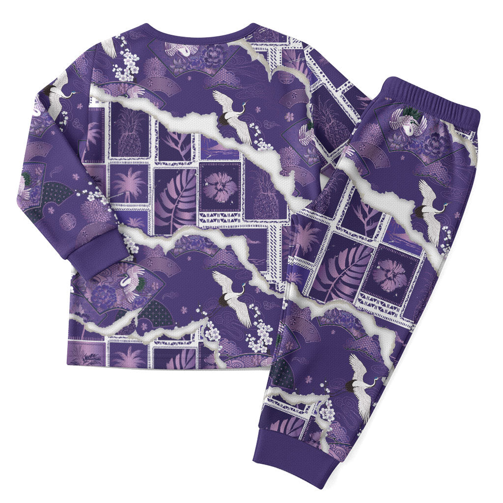 Hawaii Japanese Culture Purple Christmas Pajama Set Spring Cranes Aloha Pattern LT01 - Polynesian Pride