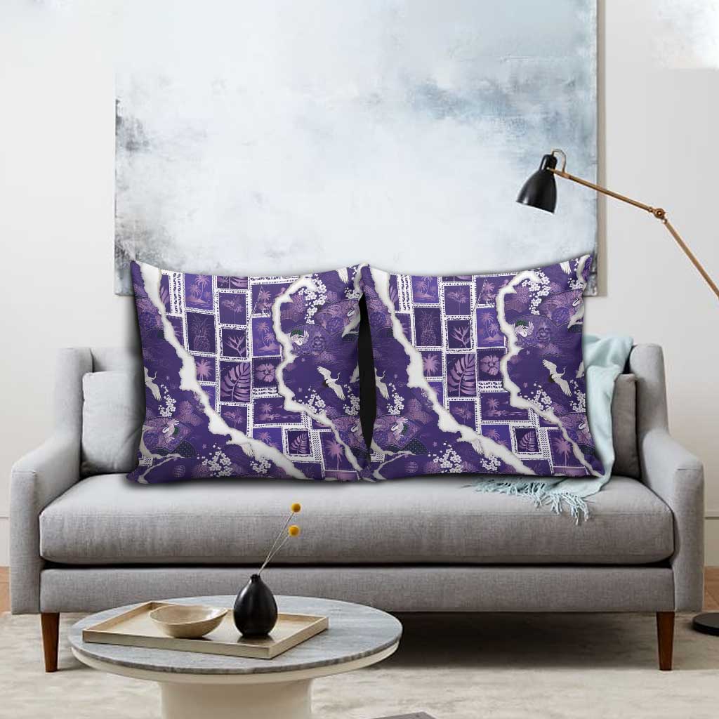 Hawaii Japanese Culture Purple Pillow Cover Spring Cranes Aloha Pattern