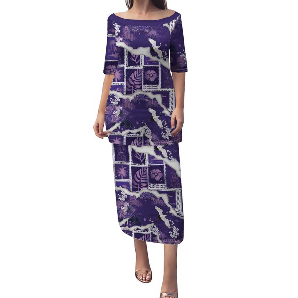 Hawaii Japanese Culture Purple Puletasi Spring Cranes Aloha Pattern