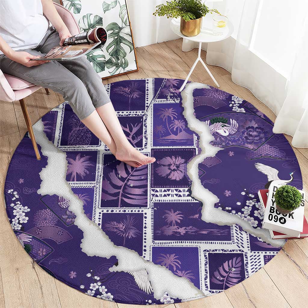 Hawaii Japanese Culture Purple Round Carpet Spring Cranes Aloha Pattern