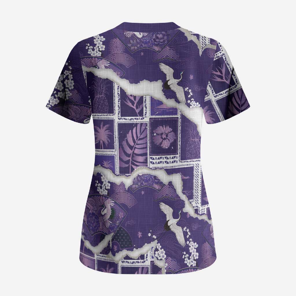 Hawaii Japanese Culture Purple Scrub Top Spring Cranes Aloha Pattern