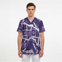 Hawaii Japanese Culture Purple Scrub Top Spring Cranes Aloha Pattern