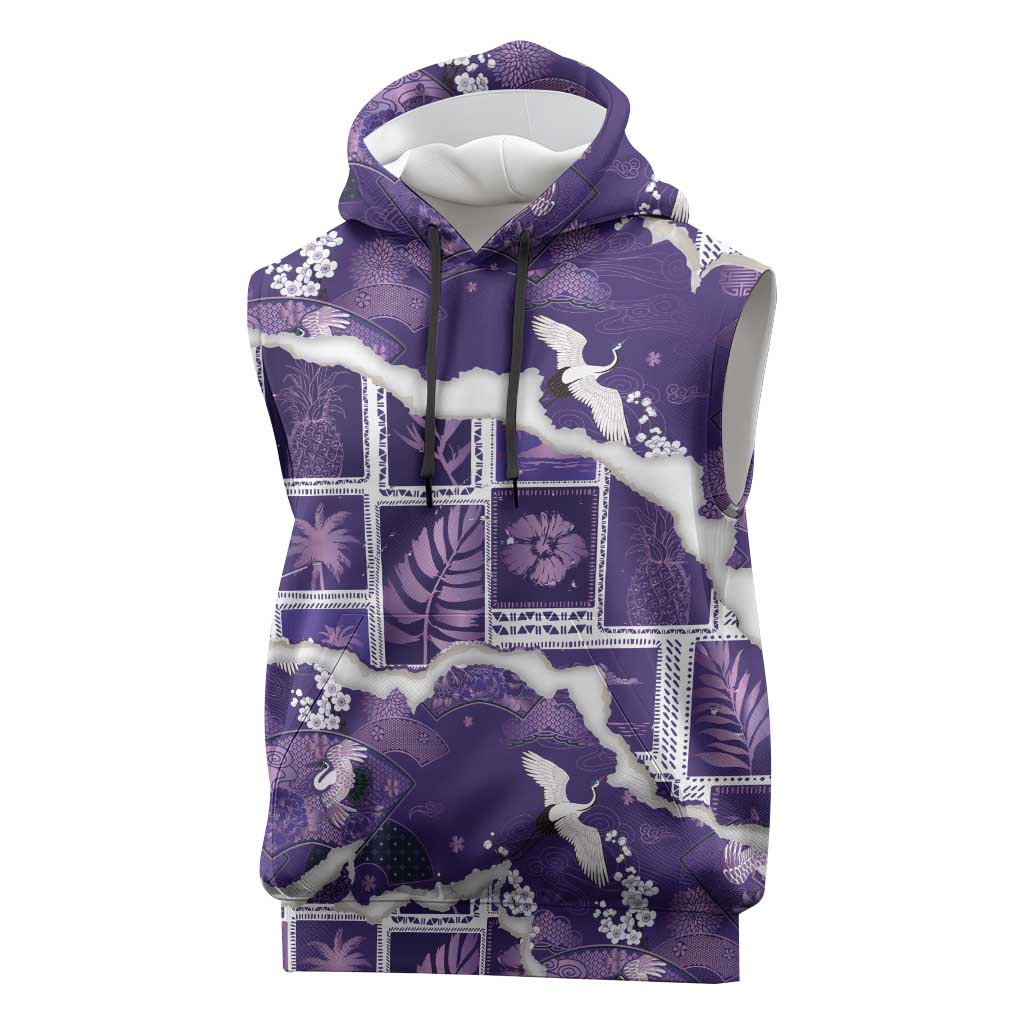 Hawaii Japanese Culture Purple Sleeveless Hoodie Spring Cranes Aloha Pattern