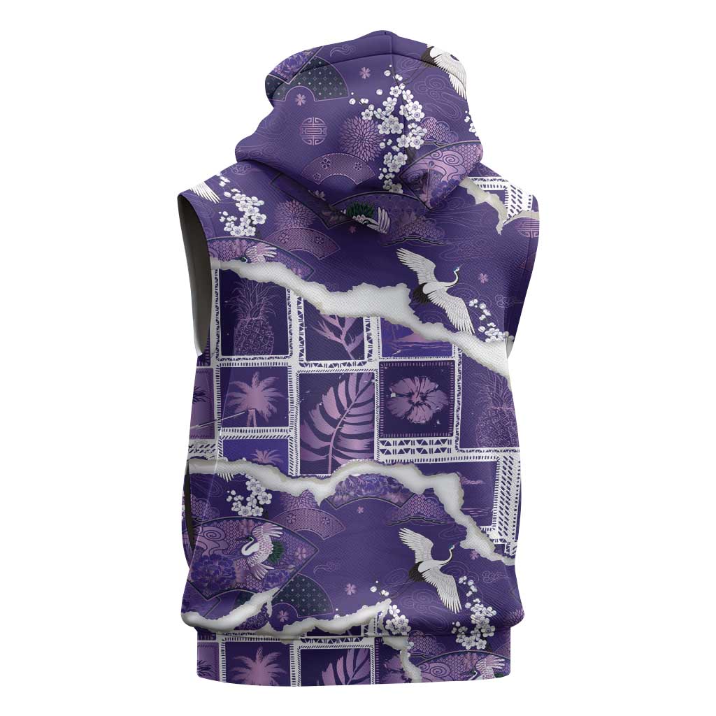 Hawaii Japanese Culture Purple Sleeveless Zip Hoodie Spring Cranes Aloha Pattern