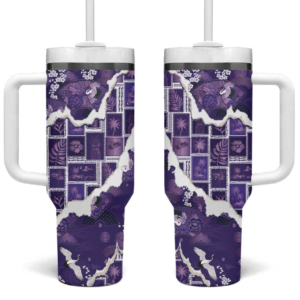 Hawaii Japanese Culture Purple Tumbler With Handle Spring Cranes Aloha Pattern