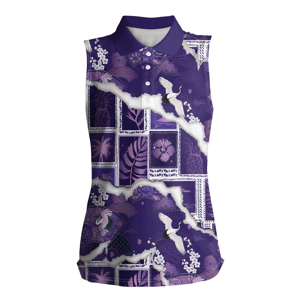 Hawaii Japanese Culture Purple Women Sleeveless Polo Shirt Spring Cranes Aloha Pattern