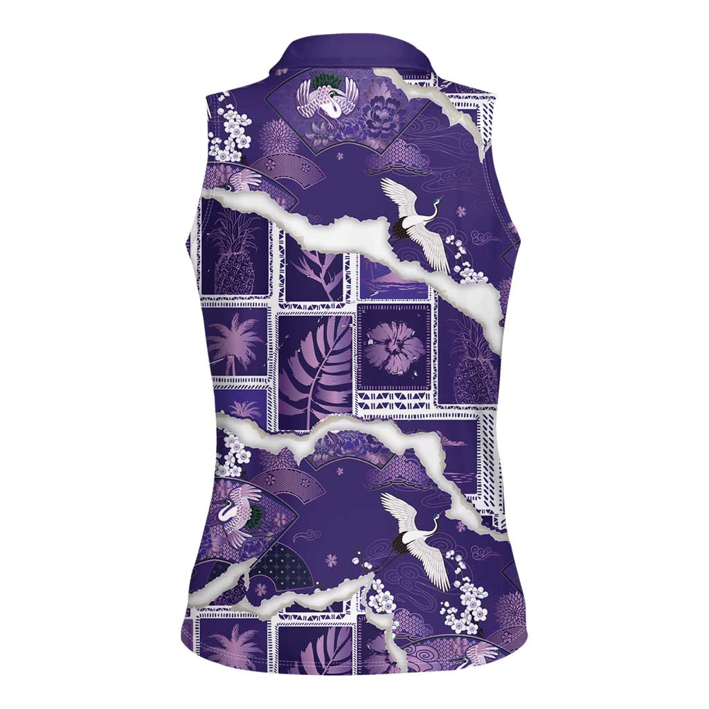 Hawaii Japanese Culture Purple Women Sleeveless Polo Shirt Spring Cranes Aloha Pattern
