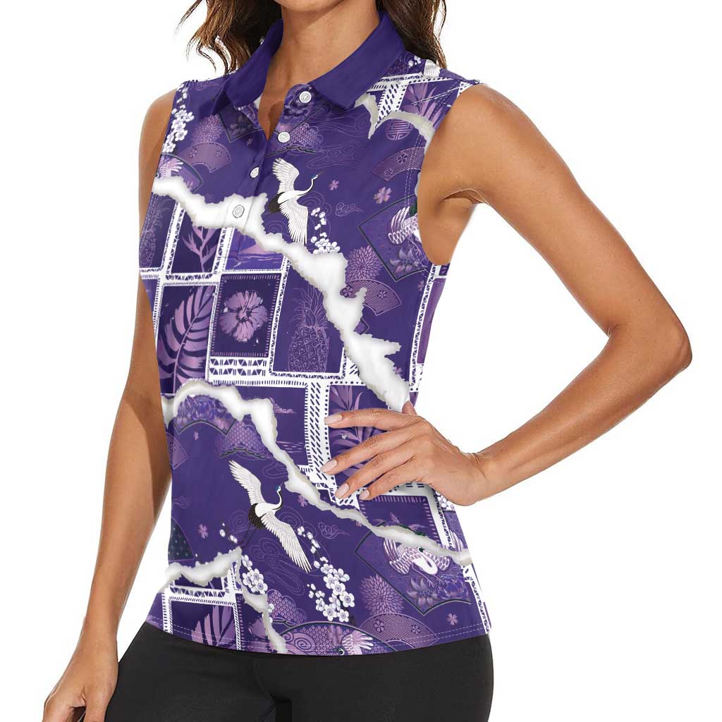 Hawaii Japanese Culture Purple Women Sleeveless Polo Shirt Spring Cranes Aloha Pattern
