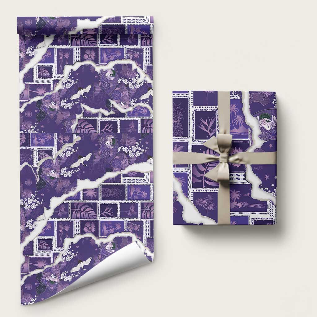 Hawaii Japanese Culture Purple Wrapping Paper Spring Cranes Aloha Pattern