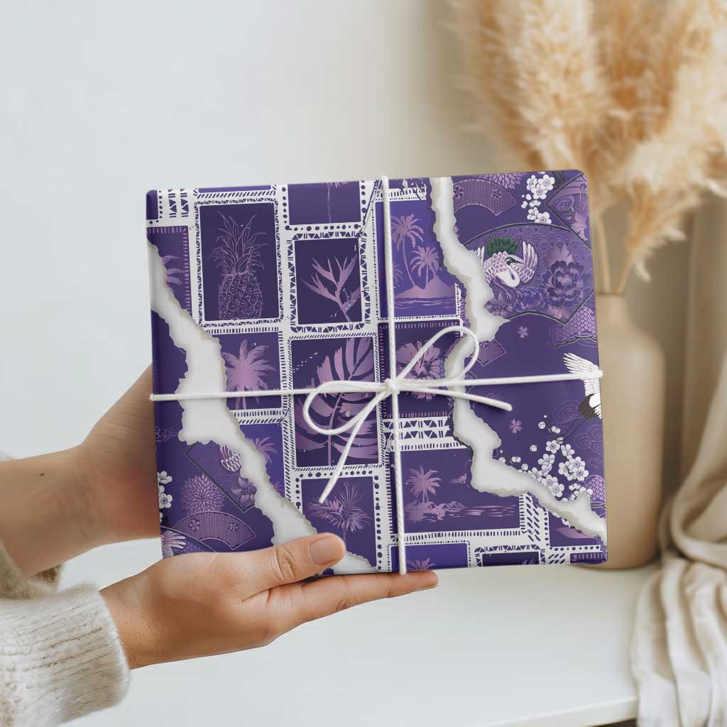 Hawaii Japanese Culture Purple Wrapping Paper Spring Cranes Aloha Pattern