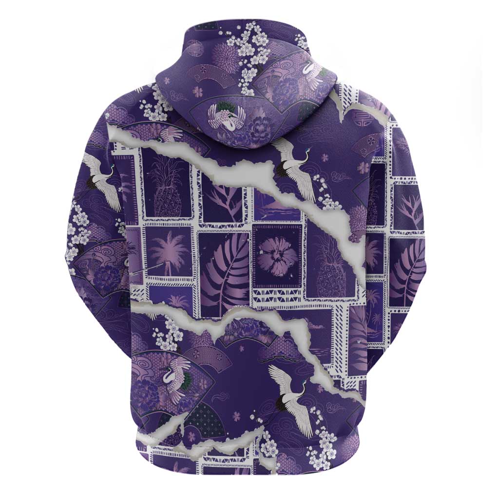 Hawaii Japanese Culture Purple Zip Hoodie Spring Cranes Aloha Pattern