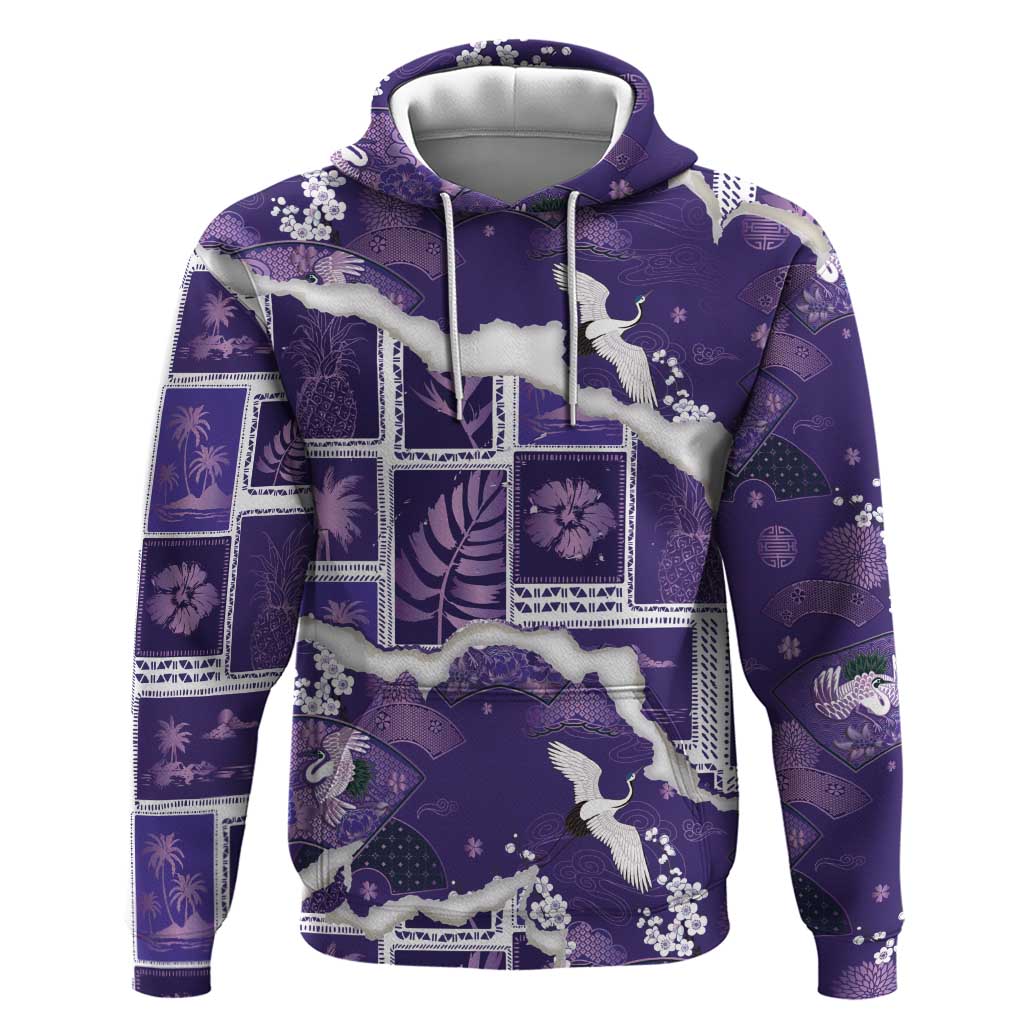 Hawaii Japanese Culture Purple Zip Hoodie Spring Cranes Aloha Pattern