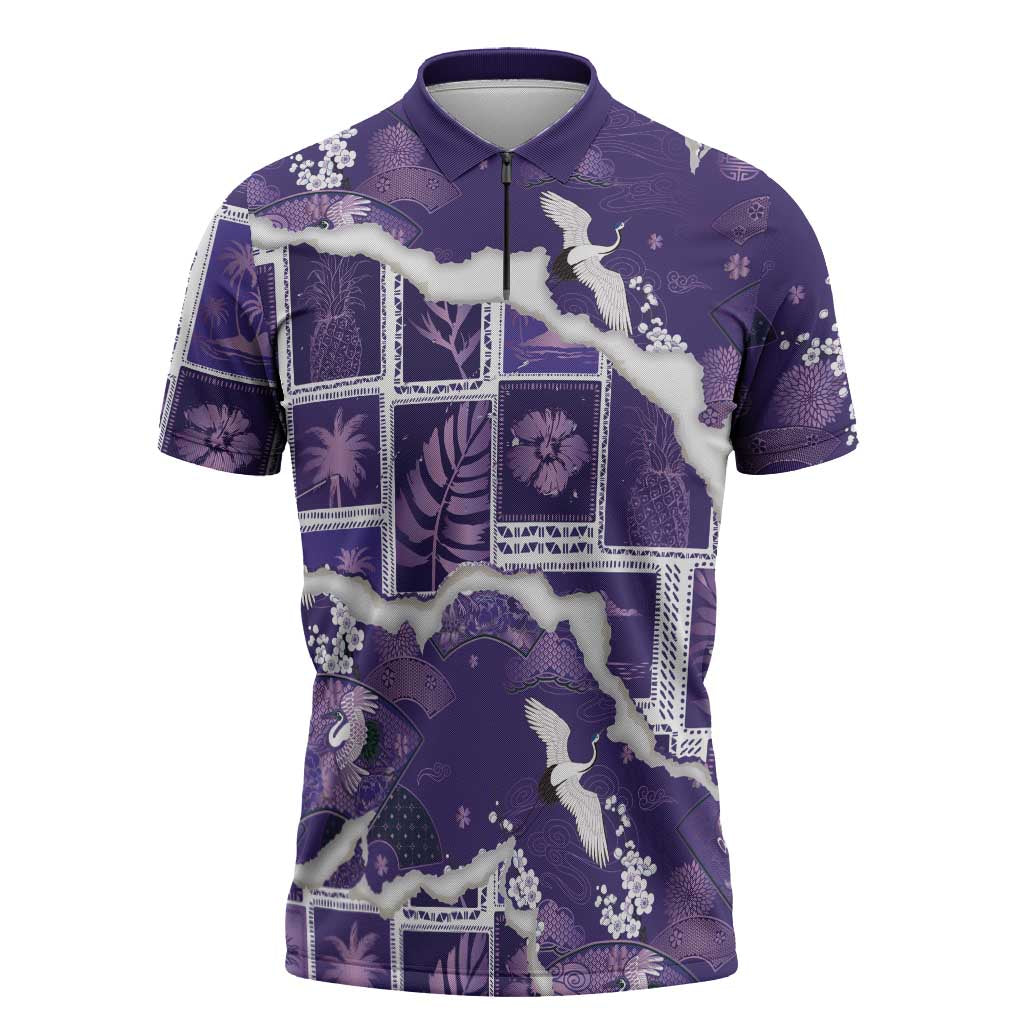 Hawaii Japanese Culture Purple Zipper Polo Shirt Spring Cranes Aloha Pattern