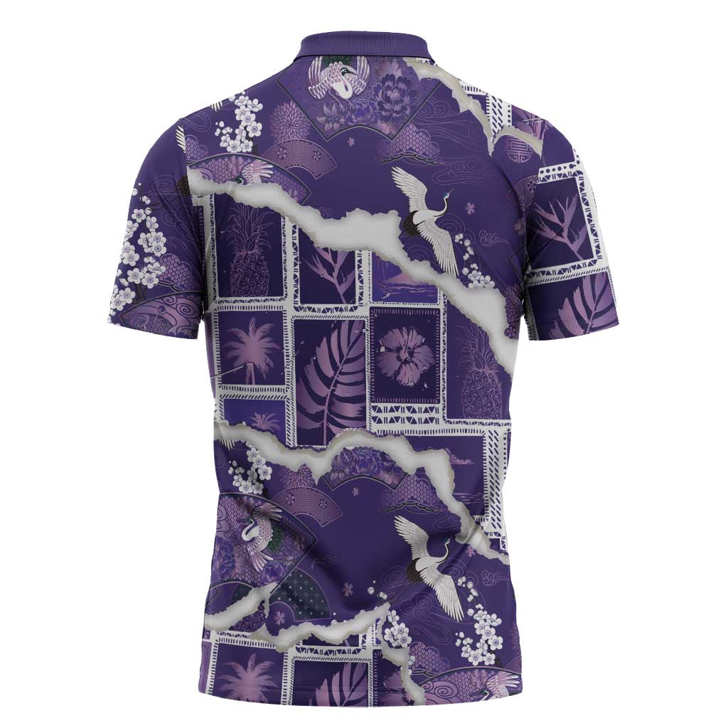 Hawaii Japanese Culture Purple Zipper Polo Shirt Spring Cranes Aloha Pattern