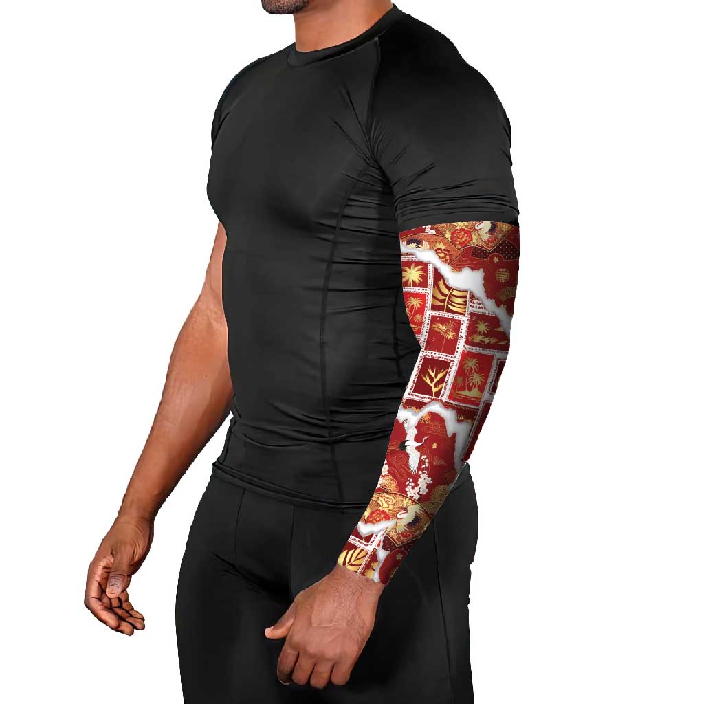 Hawaii Japanese Culture Red Arm Sleeves Spring Cranes Aloha Pattern