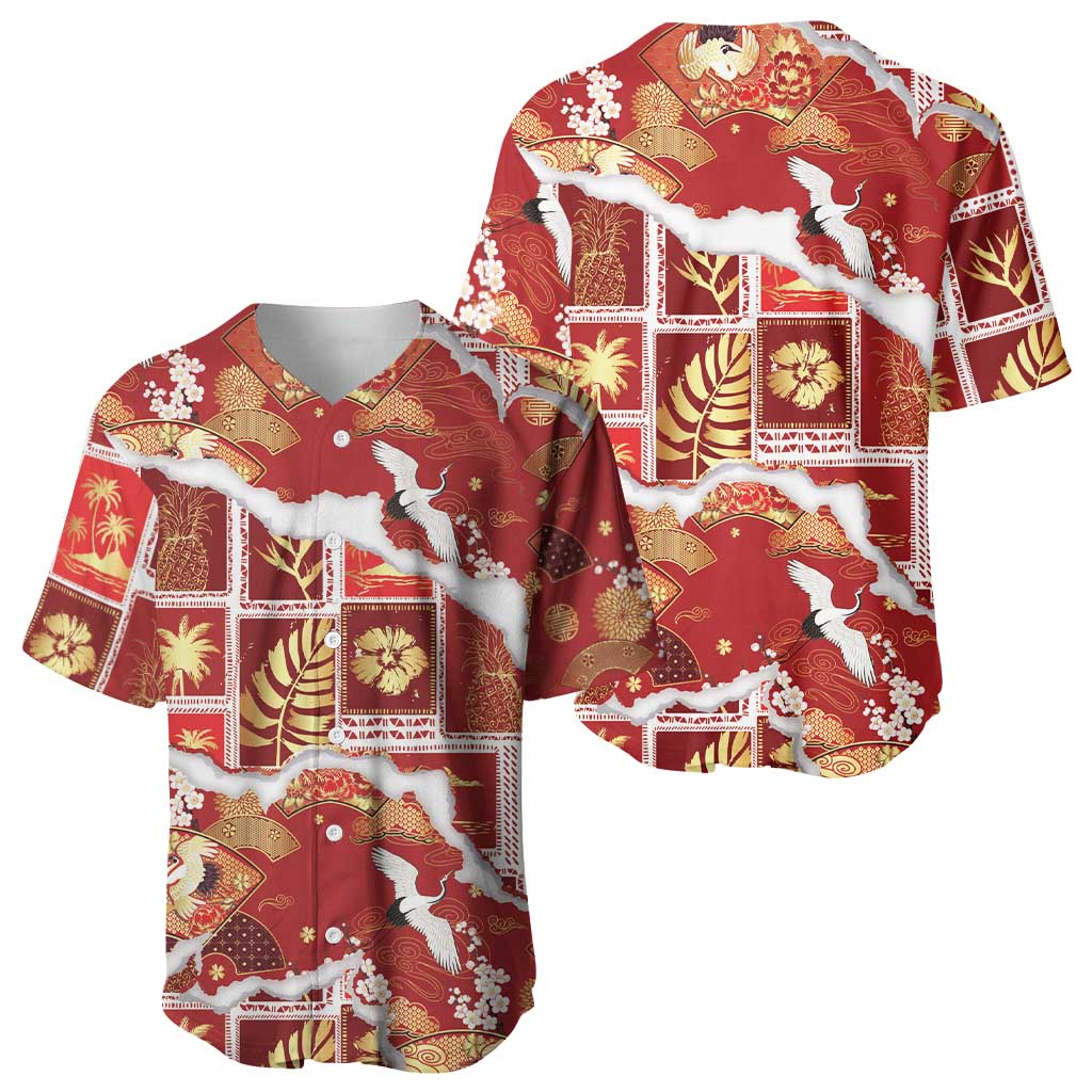 Hawaii Japanese Culture Red Baseball Jersey Spring Cranes Aloha Pattern