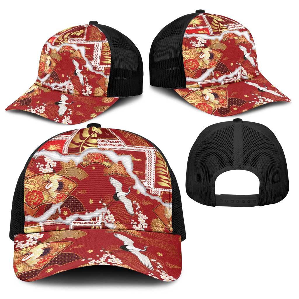 Hawaii Japanese Culture Red Baseball Net Cap Spring Cranes Aloha Pattern