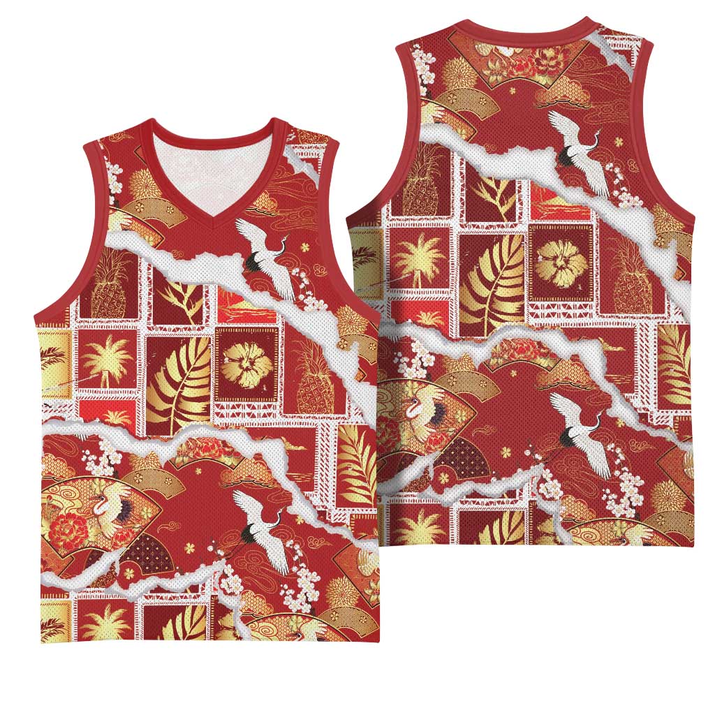 Hawaii Japanese Culture Red Basketball Jersey Spring Cranes Aloha Pattern