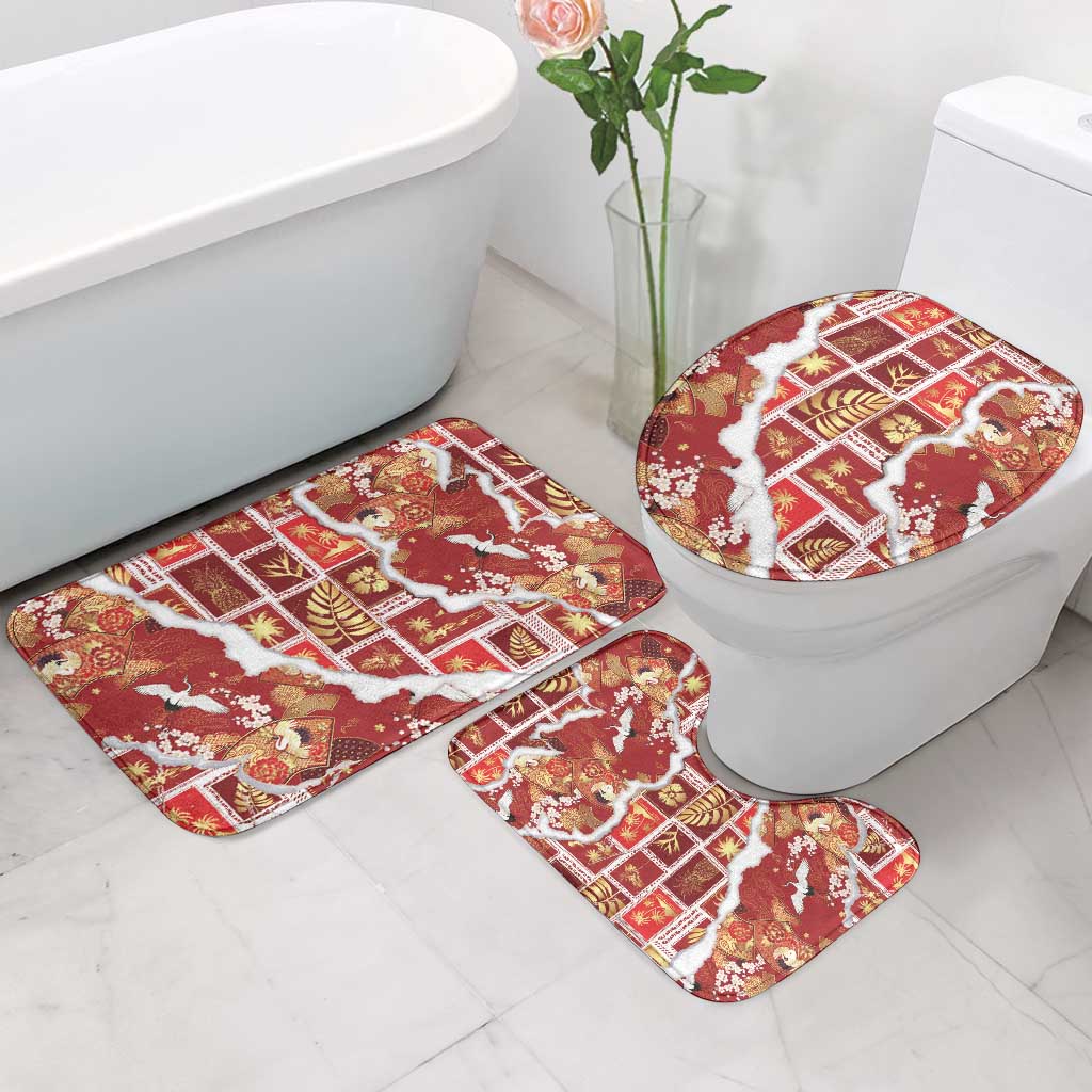Hawaii Japanese Culture Red Bathroom Set Spring Cranes Aloha Pattern