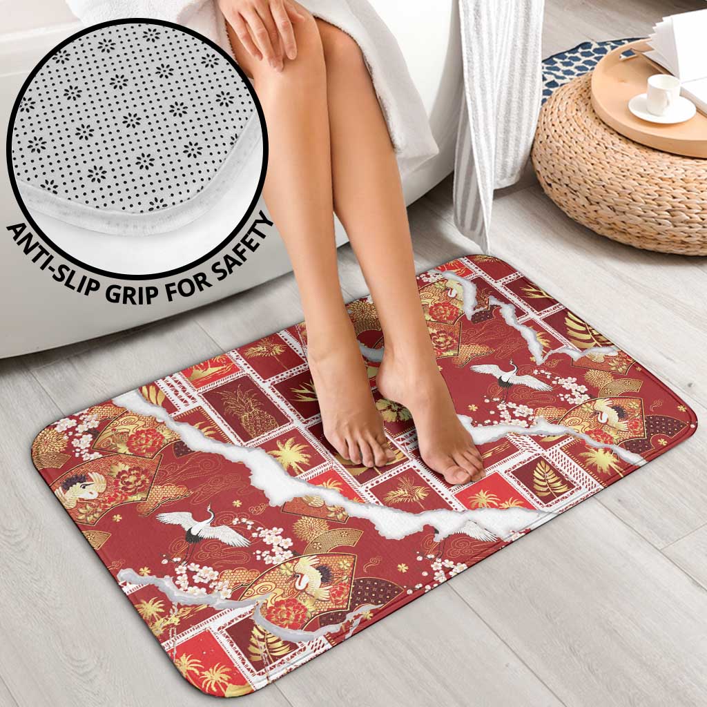 Hawaii Japanese Culture Red Bathroom Set Spring Cranes Aloha Pattern