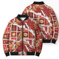 Hawaii Japanese Culture Red Bomber Puffer Jacket Spring Cranes Aloha Pattern