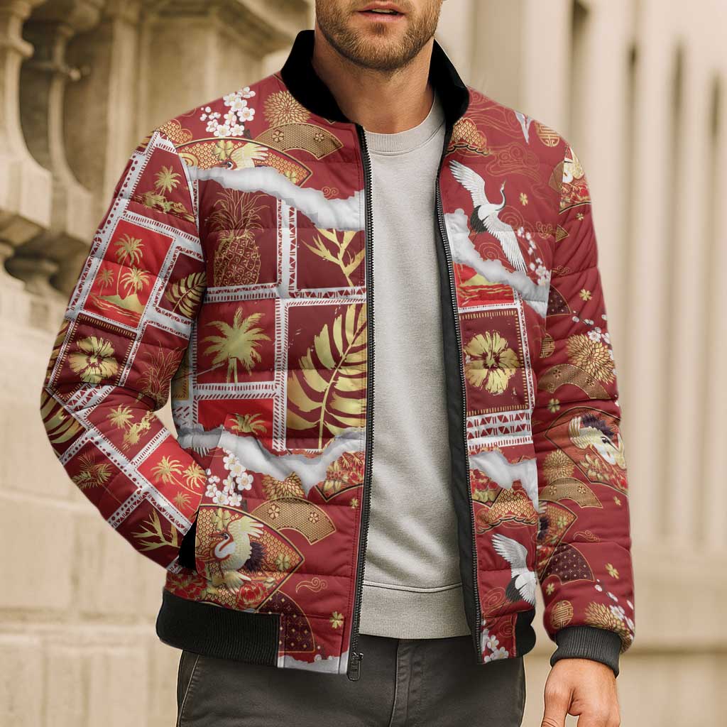 Hawaii Japanese Culture Red Bomber Puffer Jacket Spring Cranes Aloha Pattern