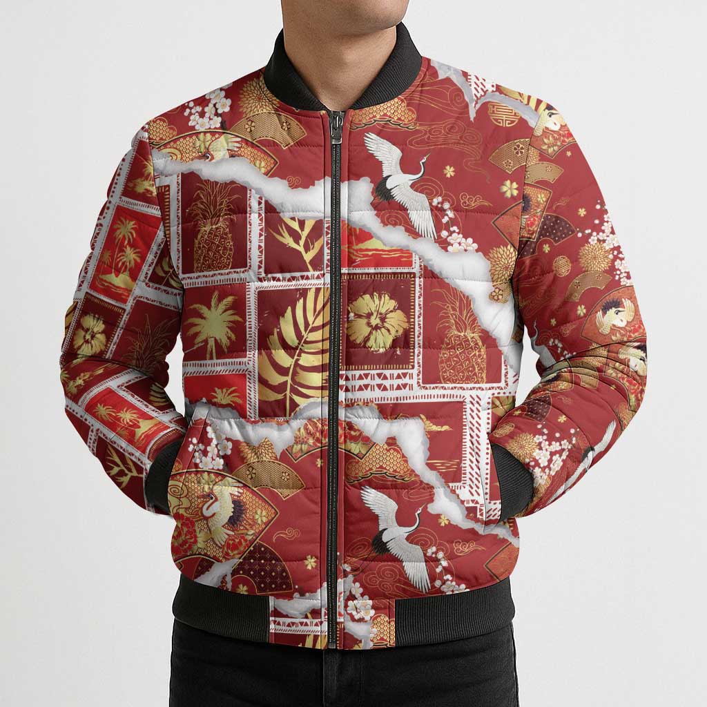 Hawaii Japanese Culture Red Bomber Puffer Jacket Spring Cranes Aloha Pattern