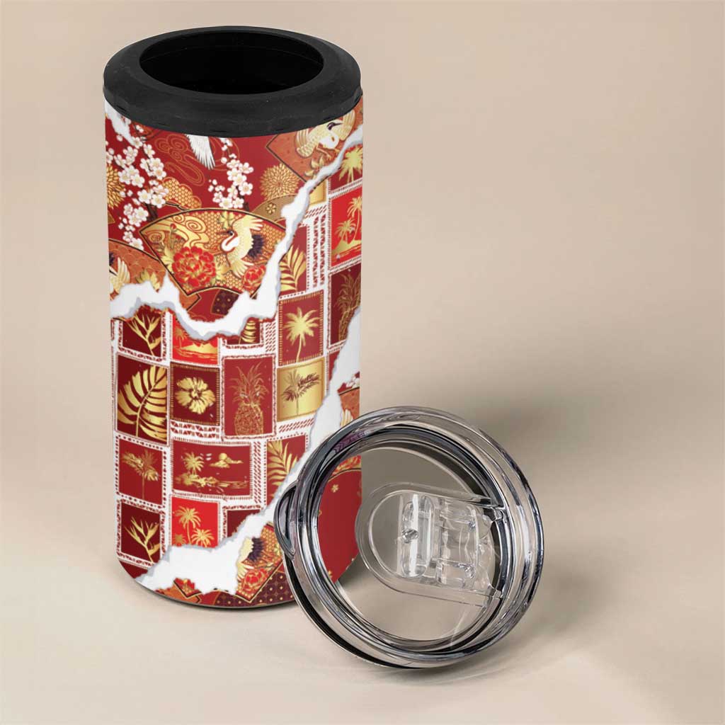 Hawaii Japanese Culture Red 4 in 1 Can Cooler Tumbler Spring Cranes Aloha Pattern