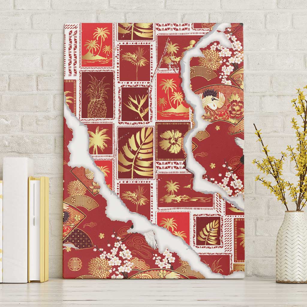 Hawaii Japanese Culture Red Canvas Wall Art Spring Cranes Aloha Pattern
