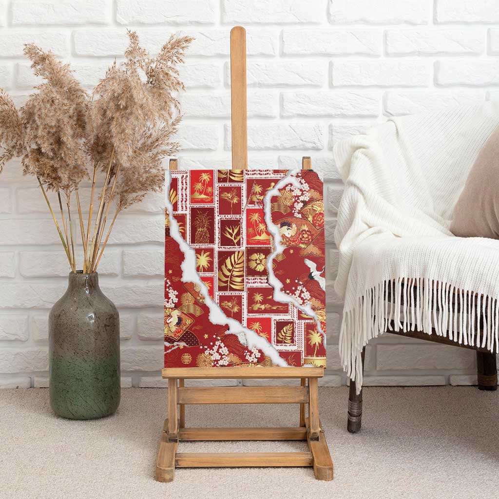 Hawaii Japanese Culture Red Canvas Wall Art Spring Cranes Aloha Pattern