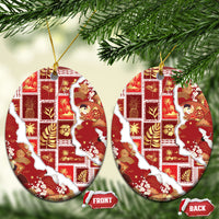 Hawaii Japanese Culture Red Ceramic Ornament Spring Cranes Aloha Pattern LT01 Oval Red - Polynesian Pride