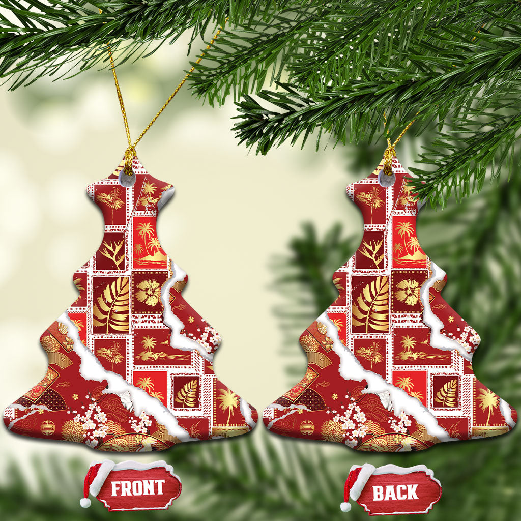 Hawaii Japanese Culture Red Ceramic Ornament Spring Cranes Aloha Pattern LT01 Christmas Tree Red - Polynesian Pride