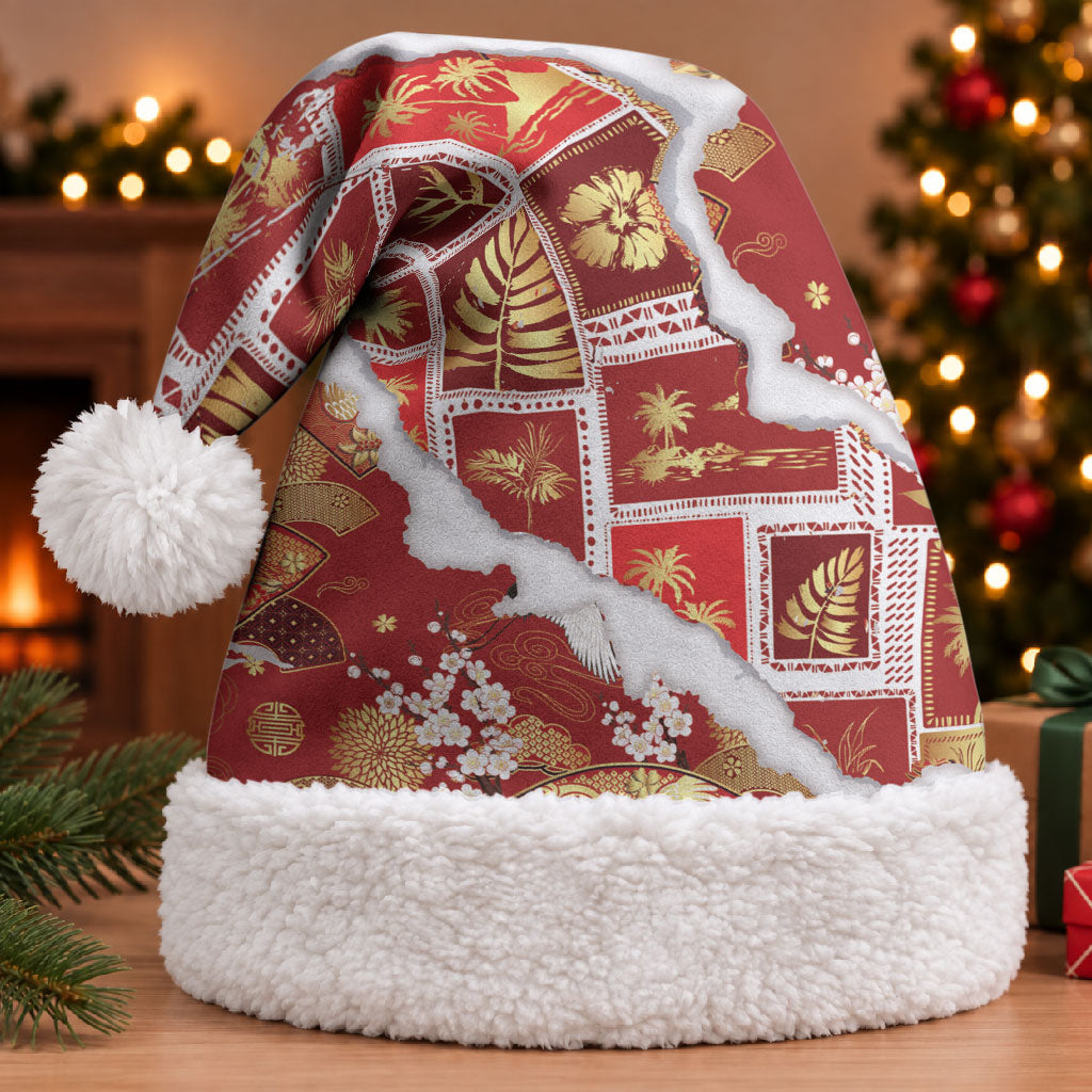 Hawaii Japanese Culture Red Christmas Santa Hat Spring Cranes Aloha Pattern LT01 With Fur Red - Polynesian Pride