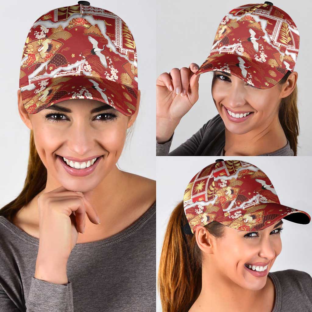 Hawaii Japanese Culture Red Classic Cap Spring Cranes Aloha Pattern
