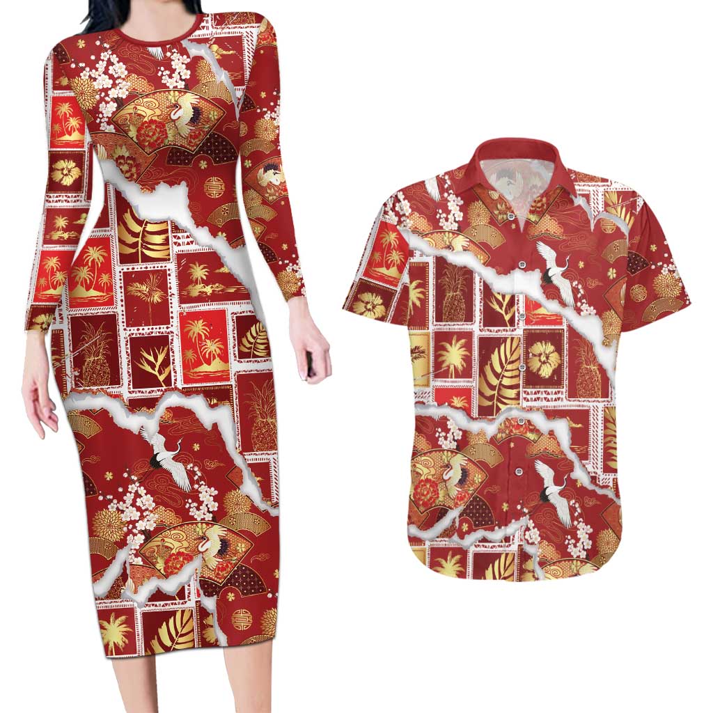 Hawaii Japanese Culture Red Couples Matching Long Sleeve Bodycon Dress and Hawaiian Shirt Spring Cranes Aloha Pattern LT01 Red - Polynesian Pride