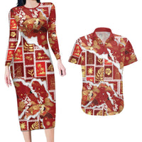 Hawaii Japanese Culture Red Couples Matching Long Sleeve Bodycon Dress and Hawaiian Shirt Spring Cranes Aloha Pattern LT01 Red - Polynesian Pride
