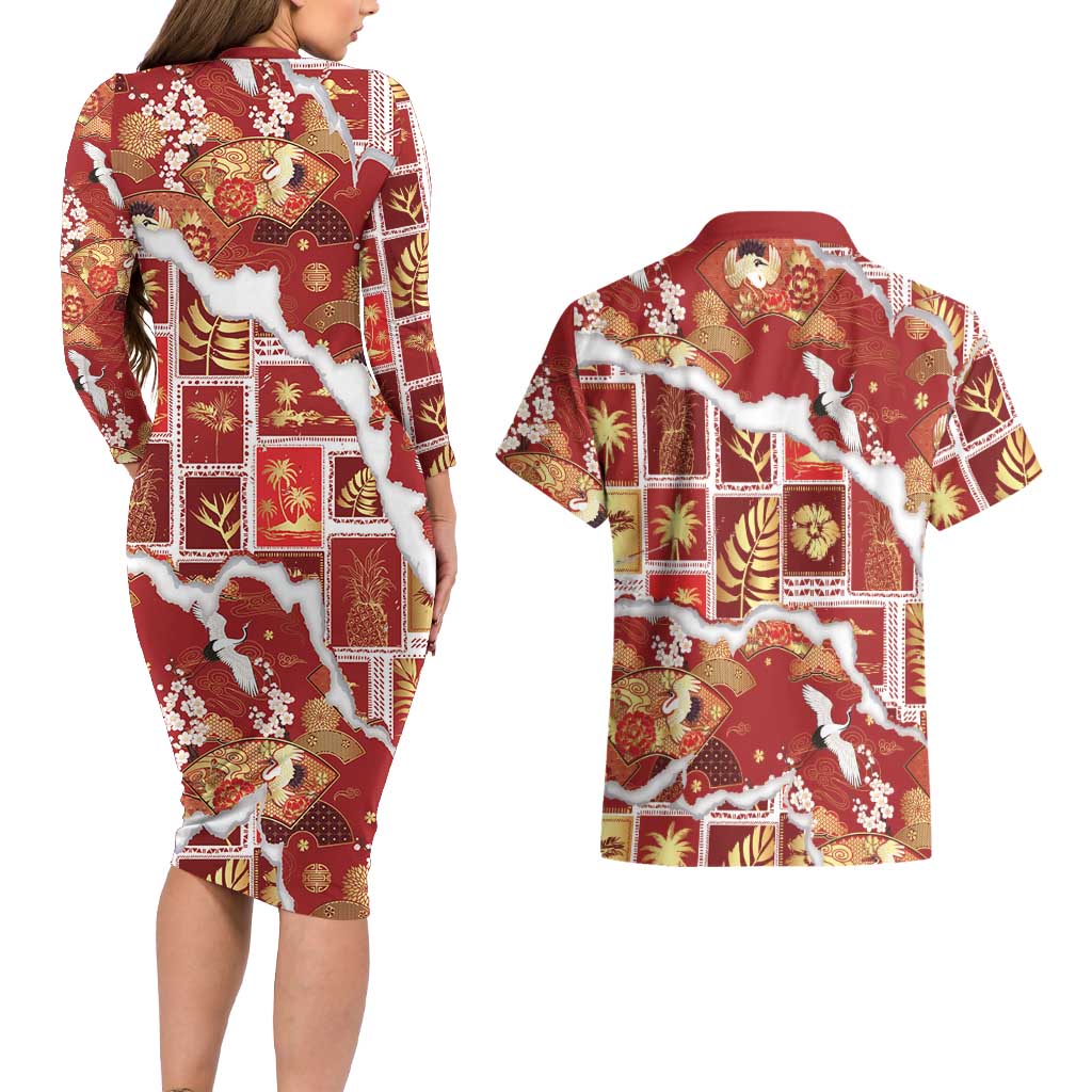 Hawaii Japanese Culture Red Couples Matching Long Sleeve Bodycon Dress and Hawaiian Shirt Spring Cranes Aloha Pattern LT01 - Polynesian Pride