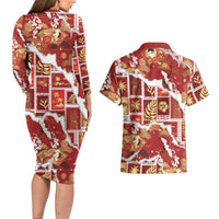 Hawaii Japanese Culture Red Couples Matching Long Sleeve Bodycon Dress and Hawaiian Shirt Spring Cranes Aloha Pattern LT01 - Polynesian Pride