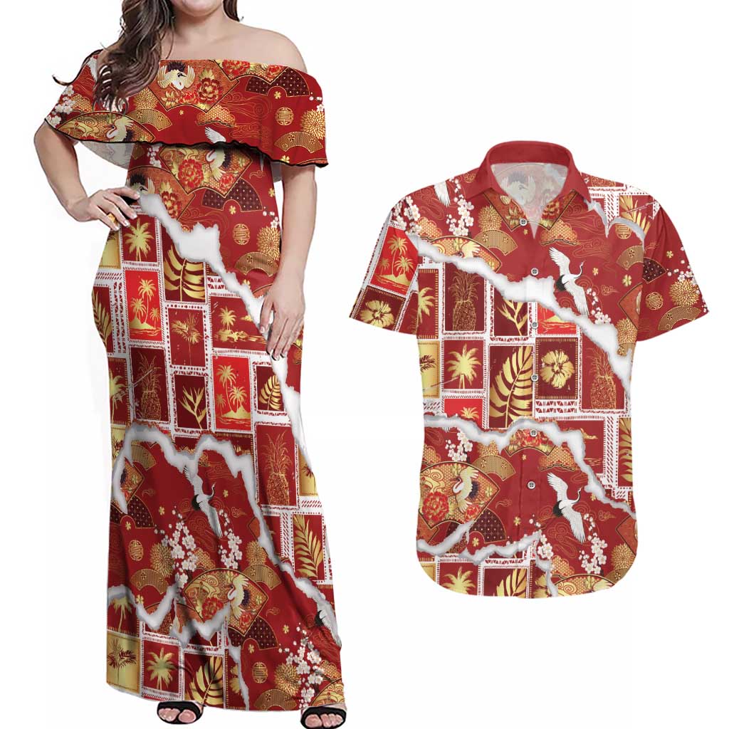 Hawaii Japanese Culture Red Couples Matching Off Shoulder Maxi Dress and Hawaiian Shirt Spring Cranes Aloha Pattern