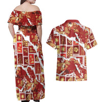 Hawaii Japanese Culture Red Couples Matching Off Shoulder Maxi Dress and Hawaiian Shirt Spring Cranes Aloha Pattern
