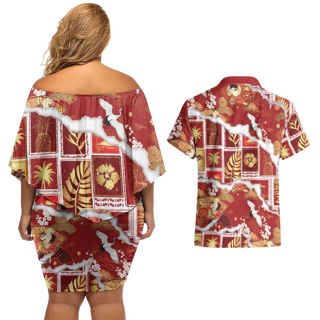 Hawaii Japanese Culture Red Couples Matching Off Shoulder Short Dress and Hawaiian Shirt Spring Cranes Aloha Pattern