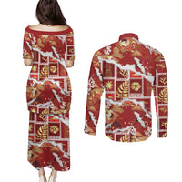 Hawaii Japanese Culture Red Couples Matching Puletasi and Long Sleeve Button Shirt Spring Cranes Aloha Pattern