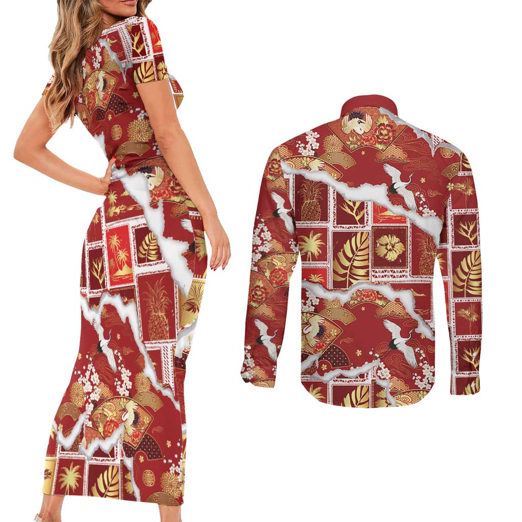 Hawaii Japanese Culture Red Couples Matching Short Sleeve Bodycon Dress and Long Sleeve Button Shirt Spring Cranes Aloha Pattern