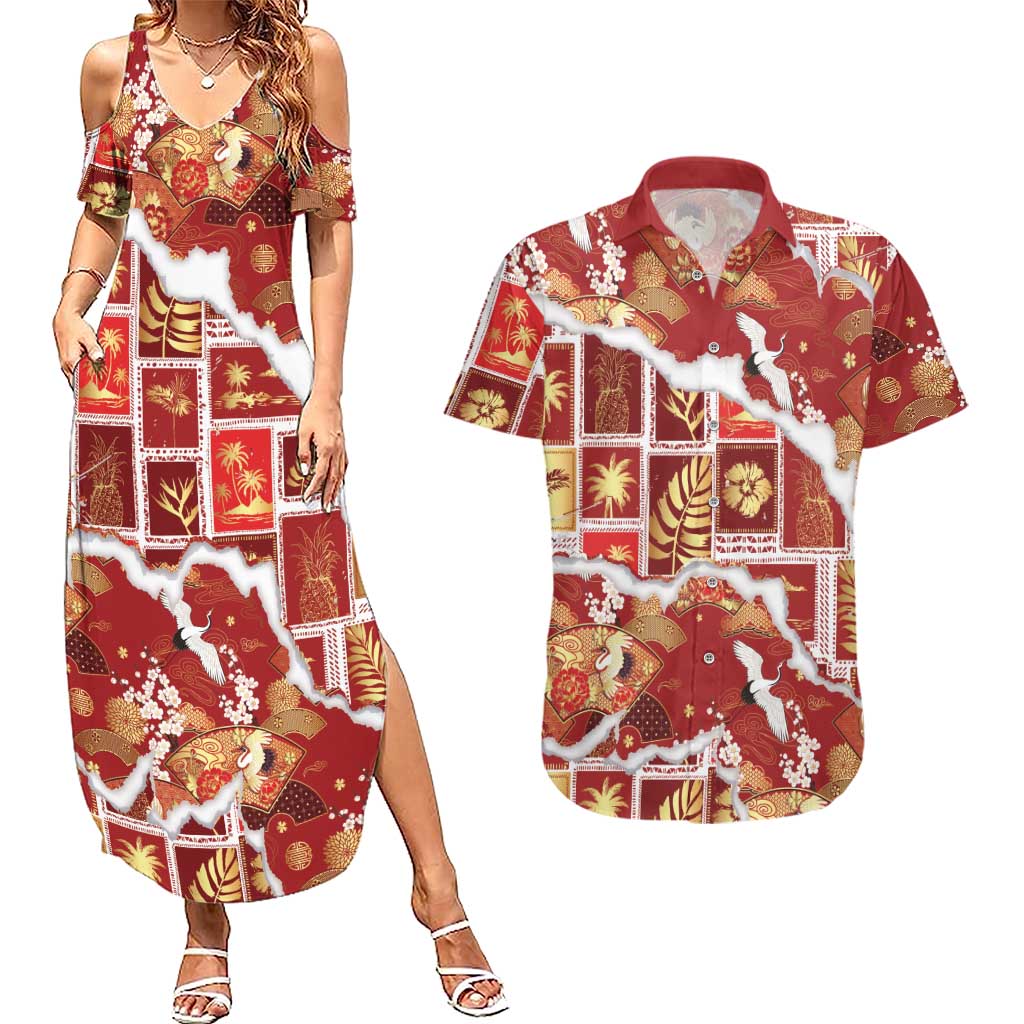 Hawaii Japanese Culture Red Couples Matching Summer Maxi Dress and Hawaiian Shirt Spring Cranes Aloha Pattern