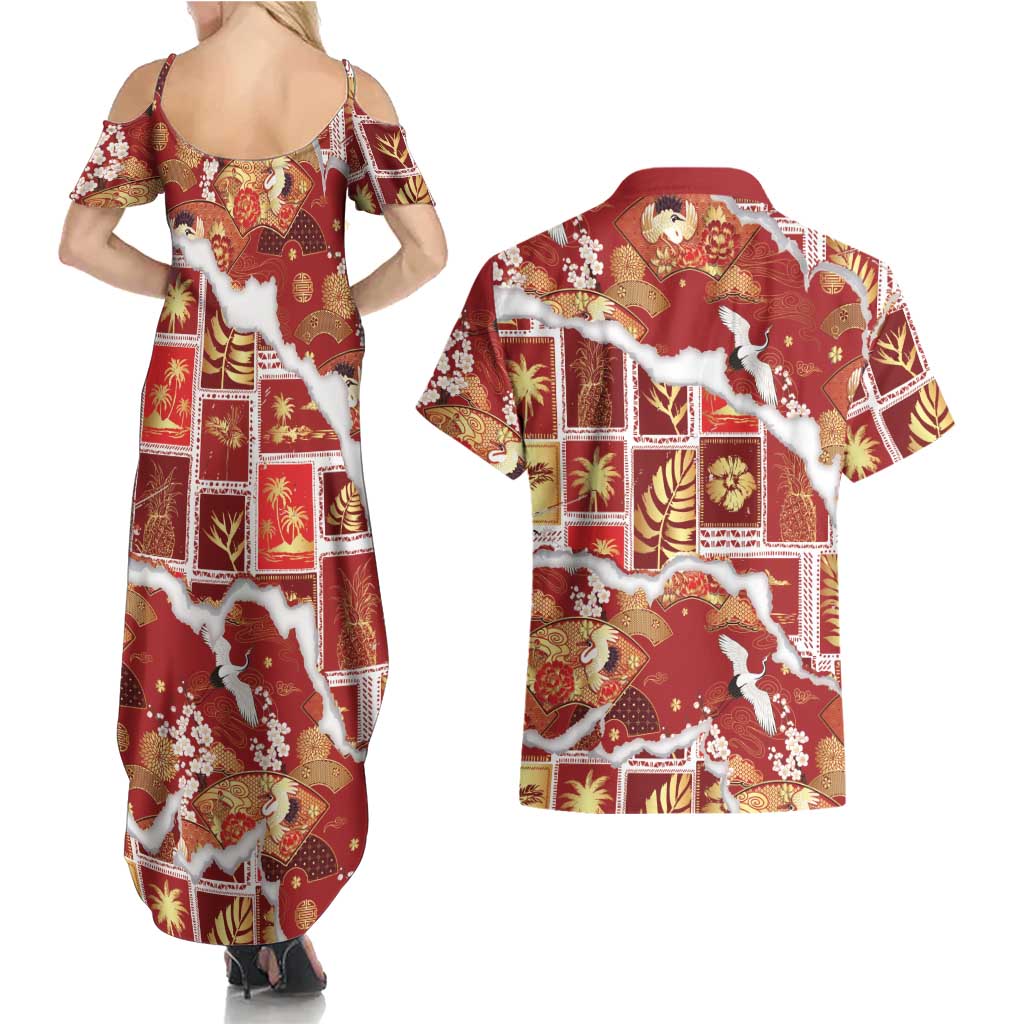Hawaii Japanese Culture Red Couples Matching Summer Maxi Dress and Hawaiian Shirt Spring Cranes Aloha Pattern