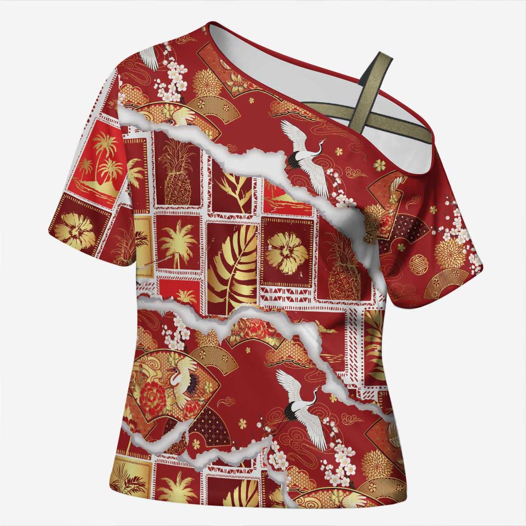 Hawaii Japanese Culture Red Cross Shoulder Shirt Spring Cranes Aloha Pattern